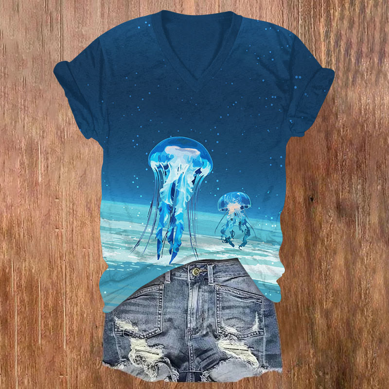 Planet Drifts Towards The Starry Sky, Glowing Jellyfish Print V-neck T-shirt - Blue - US32-34(5XL) - image 1