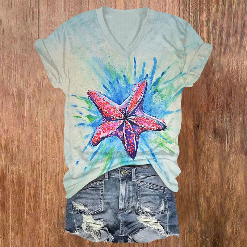 Starfish Watercolor Art Print V-neck T-shirt - Blue - US32-34(5XL) - image 1