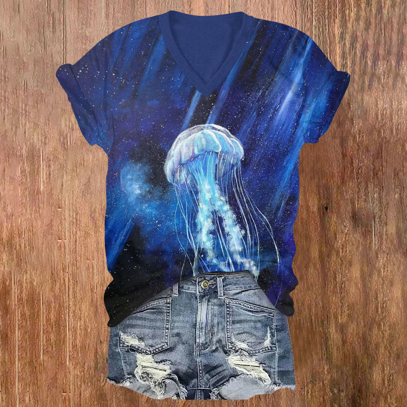 Star Jellyfish Art Print V-neck T-shirt - Blue - US32-34(5XL) - image 1