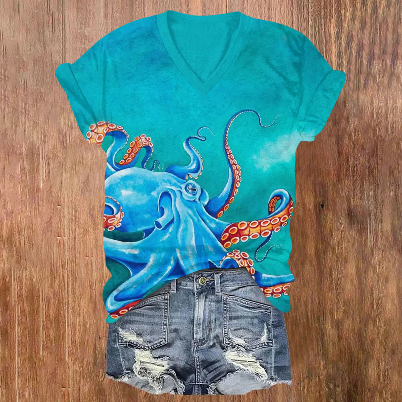 Octopus On The Seabed Art Print V-neck T-shirt - Blue - US32-34(5XL) - image 1