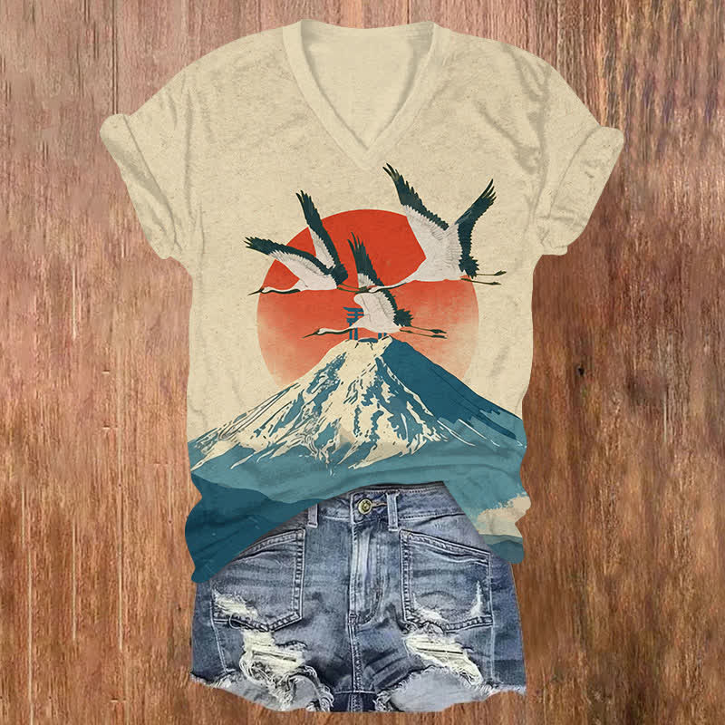 Japanese Sunrise Mount Fuji & Cranes Art Print V-neck T-shirt - Apricot - US32-34(5XL) - image 1