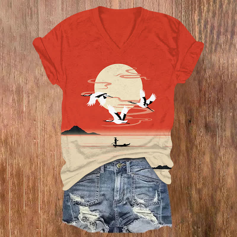 Japanese Sunset Crane & Fishermen Art Print V-neck T-shirt - Red - US32-34(5XL) - image 1