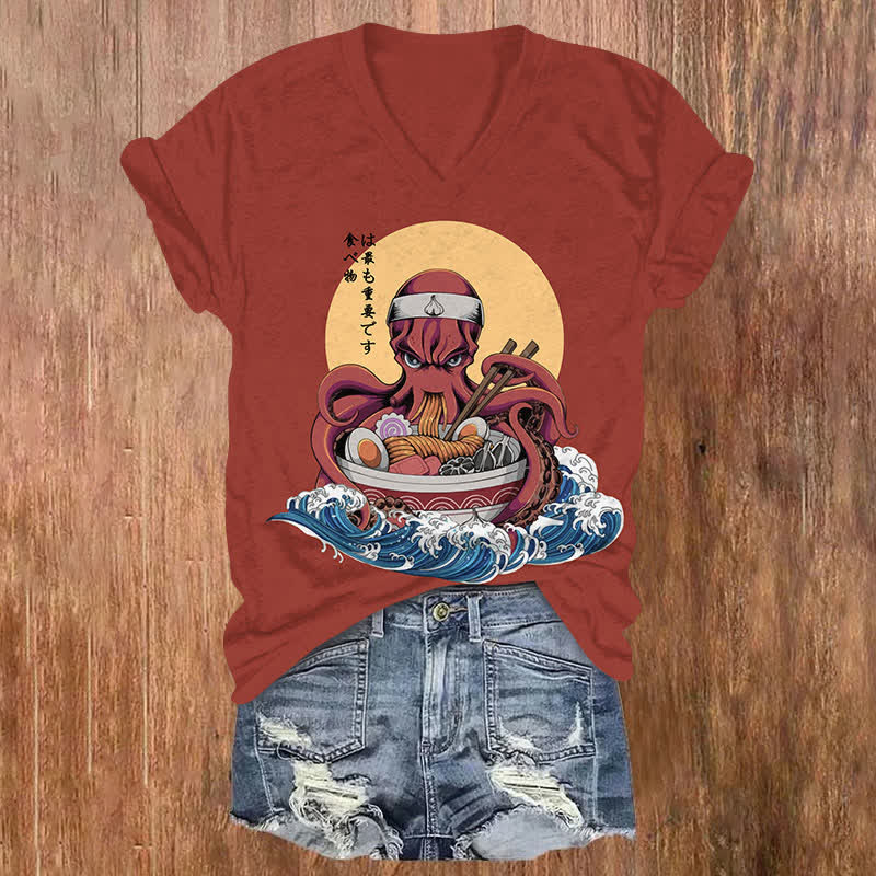 Japanese Funny Octopus Eating Ramen Art Print V-neck T-shirt - Red - US32-34(5XL) - image 2