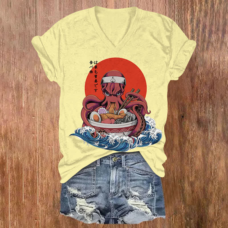 Japanese Funny Octopus Eating Ramen Art Print V-neck T-shirt - Yellow - US32-34(5XL) - image 1