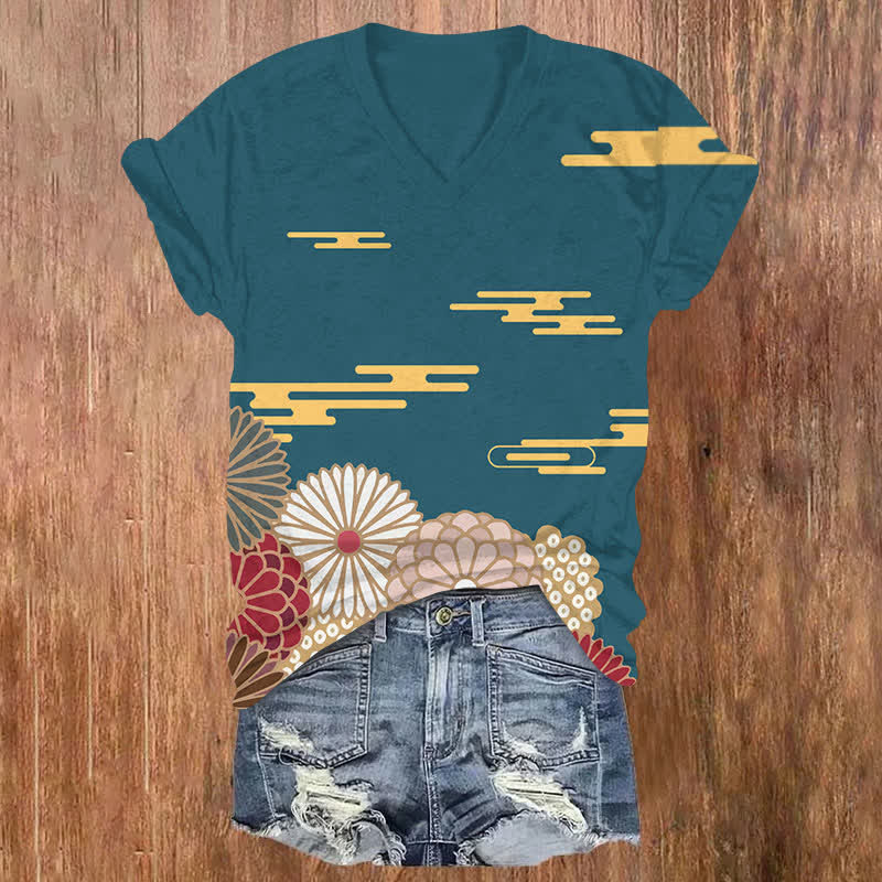 Japanese Umbrella-shaped Cloud Pattern Print V-neck T-shirt - Olive Green - US32-34(5XL) - image 2