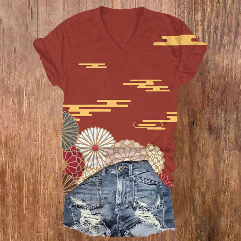 Japanese Umbrella-shaped Cloud Pattern Print V-neck T-shirt - Red - US32-34(5XL) - image 1