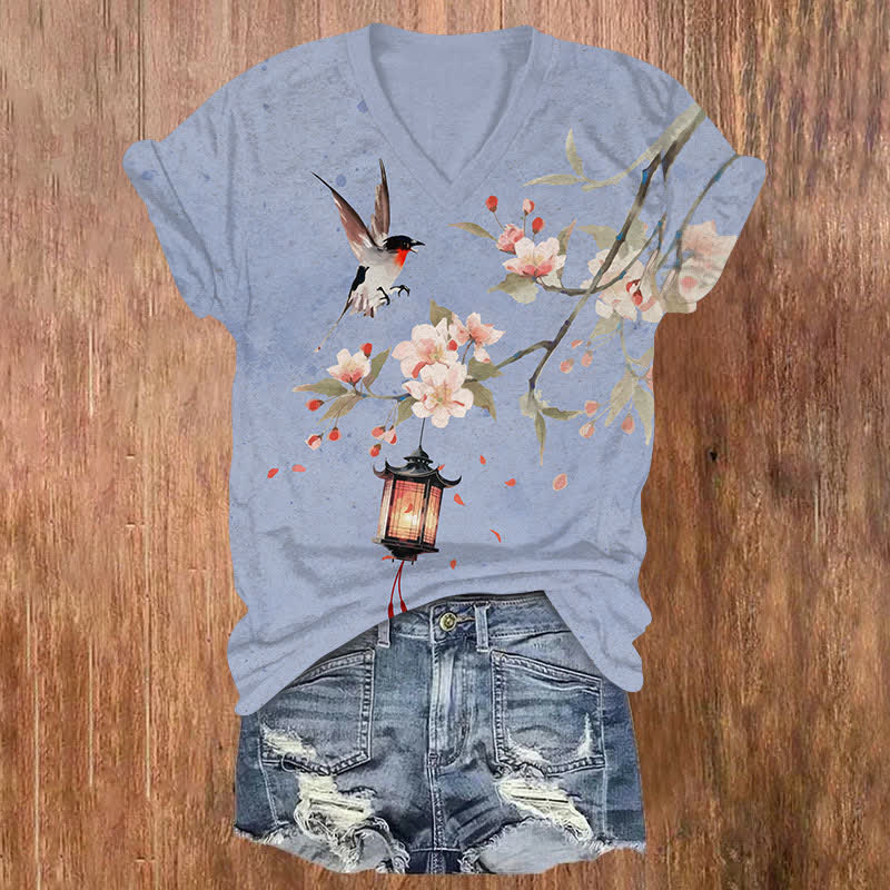 Japanese Watercolor Sakura Lantern & Flying Bird Print V-neck T-shirt - Blue - US32-34(5XL) - image 2