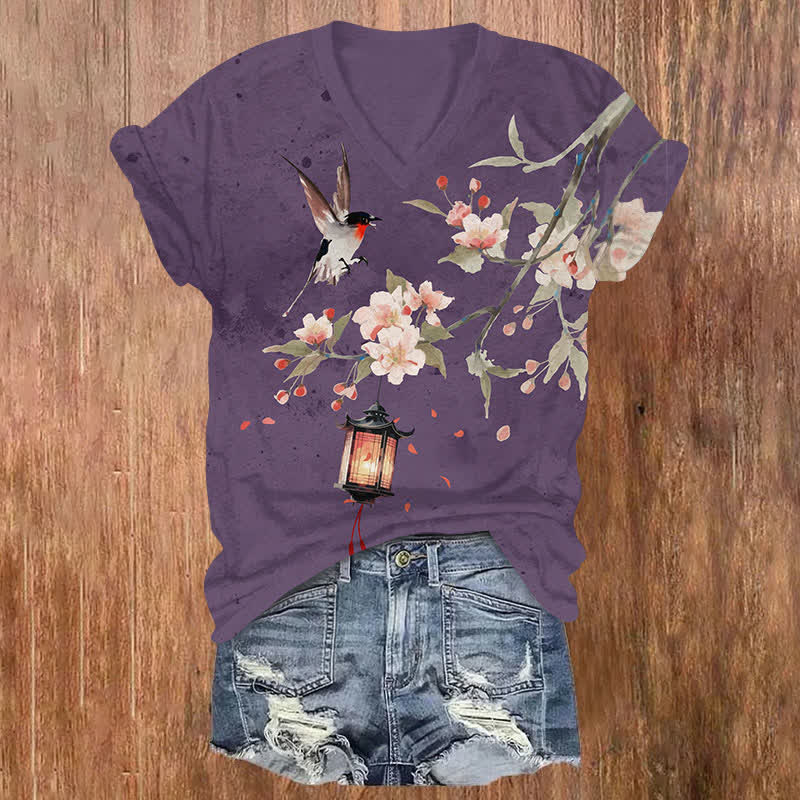 Japanese Watercolor Sakura Lantern & Flying Bird Print V-neck T-shirt - Purple - US32-34(5XL) - image 4