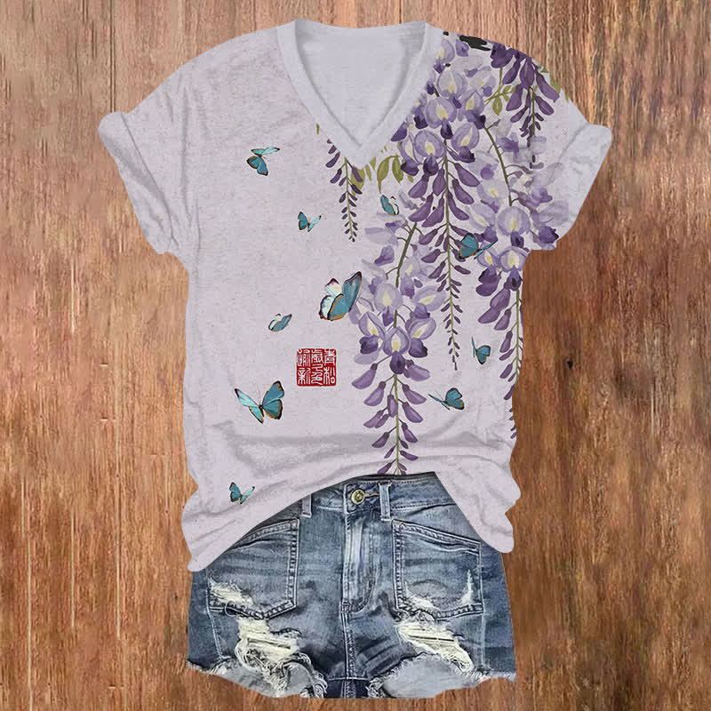 Japanese Lilac & Butterfly Art Print V-neck T-shirt - Purple - US32-34(5XL) - image 2