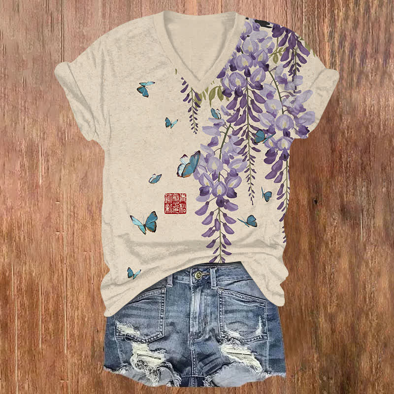 Japanese Lilac & Butterfly Art Print V-neck T-shirt - Apricot - US32-34(5XL) - image 1
