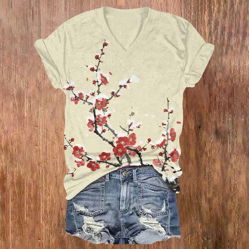 Japanese Vintage Plum Blossom Art Print V-neck T-shirt - Apricot - US32-34(5XL) - image 1
