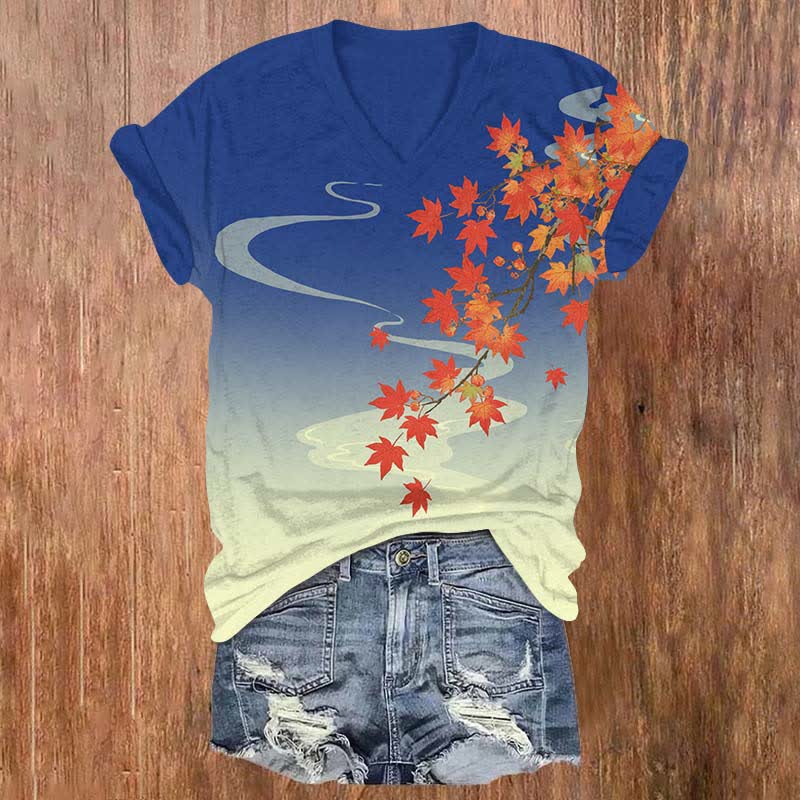 Japanese Autumn Maple Leaf Art Print V-neck T-shirt - Blue - US32-34(5XL) - image 1