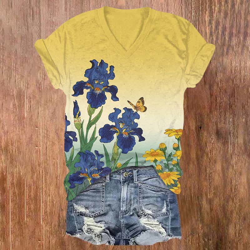 Japanese Watercolor Sunflower Art  Print V-neck T-shirt - Yellow - US32-34(5XL) - image 2