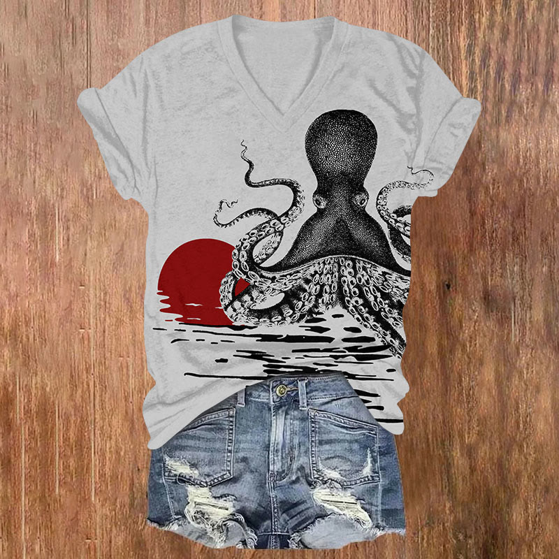 Octopus Art Print V-neck T-shirt - Light Gray - US32-34(5XL) - image 1