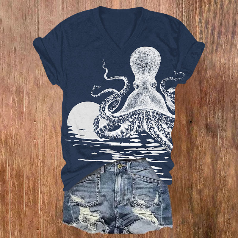 Octopus Art Print V-neck T-shirt - Dark Blue - US32-34(5XL) - image 2