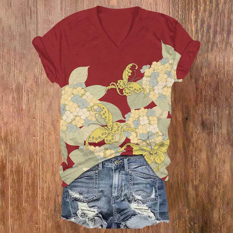 Japanese Cartoon Bouquet & Butterfly Art Print V-neck T-shirt - Red - US32-34(5XL) - image 2