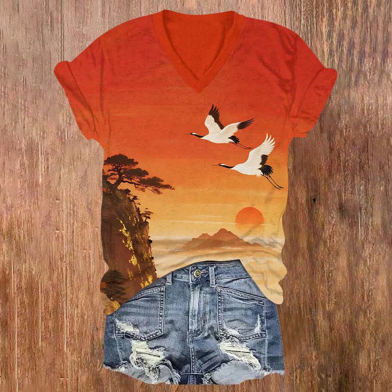 Japanese Watercolor Sunset & Flying Crane Art Print V-neck T-shirt - Red - US32-34(5XL) - image 1