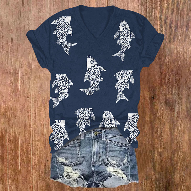 Multi  carp art print v-neck T-Shirt - Blue - US32-34(5XL) - image 2