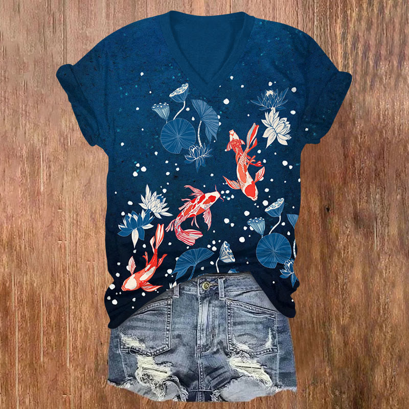 Multi Fishes print v-neck T-Shirt - Blue - US32-34(5XL) - image 1
