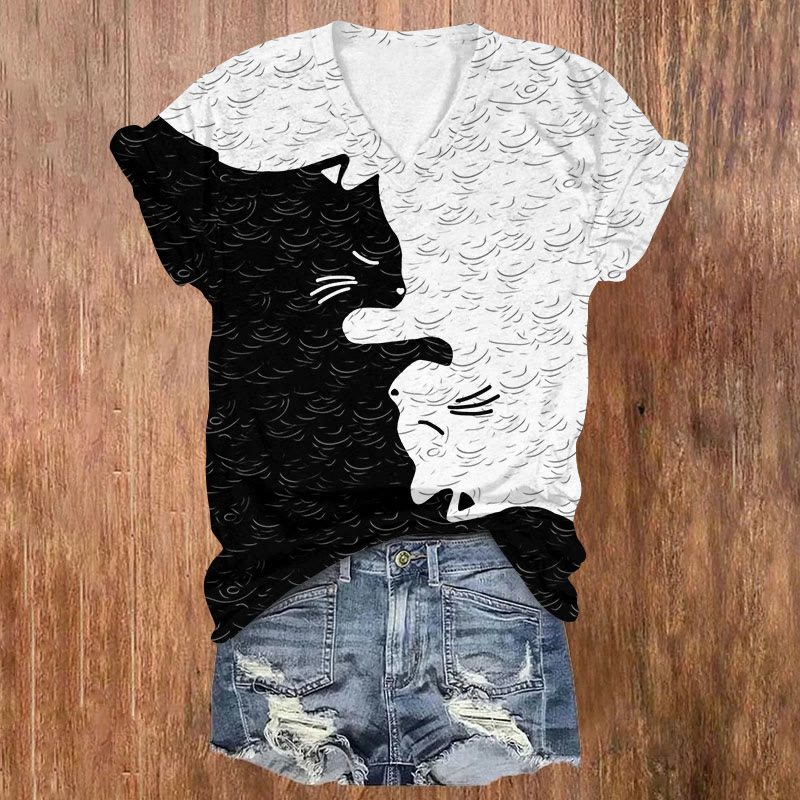 Asymmetrical Cats Graphic Print V-neck T-shirt - White - US32-34(5XL) - image 1