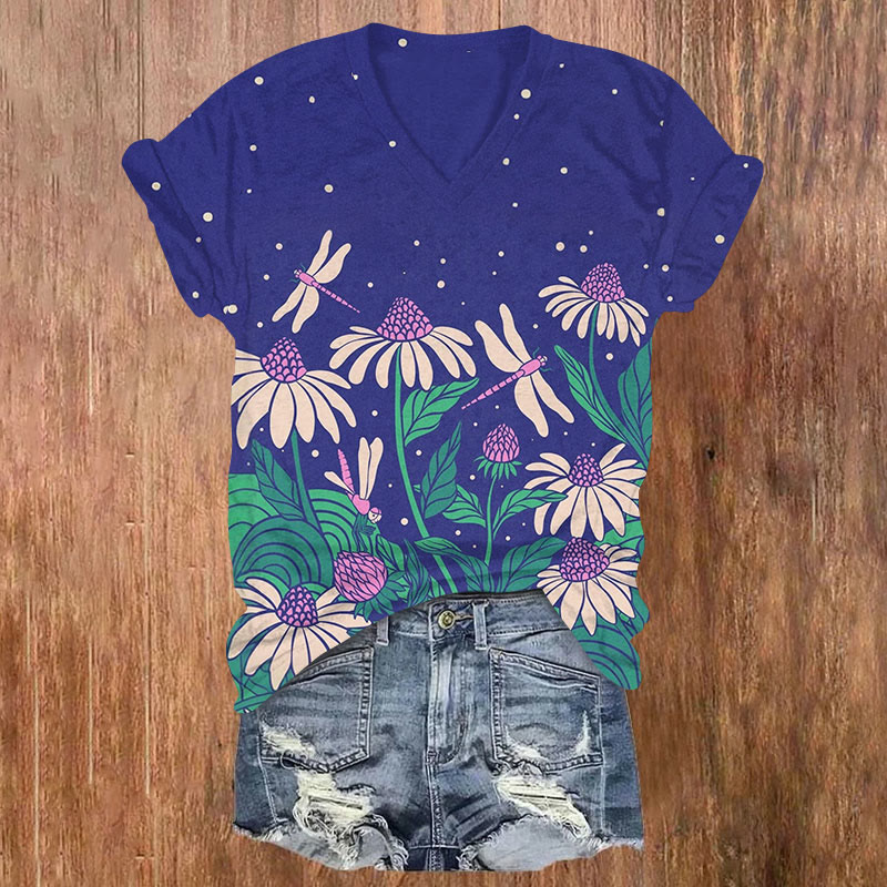 Flowers & Dragonfly Print V-neck T-shirt - Blue - US32-34(5XL) - image 2