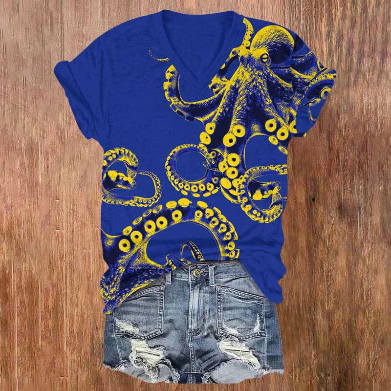 Japanese Watercolor Octopus Art Print V-neck T-shirt - Blue - US32-34(5XL) - image 2