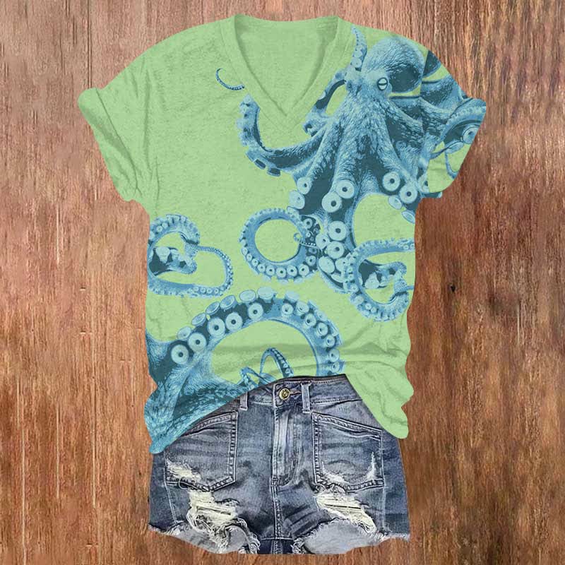 Japanese Watercolor Octopus Art Print V-neck T-shirt - Green - US32-34(5XL) - image 1