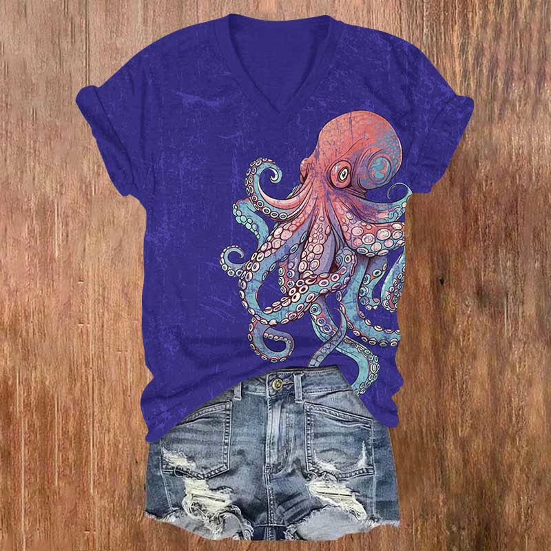 Japanese Funny Dazed Octopus Art Print V-neck T-shirt - Navy Blue - US32-34(5XL) - image 2