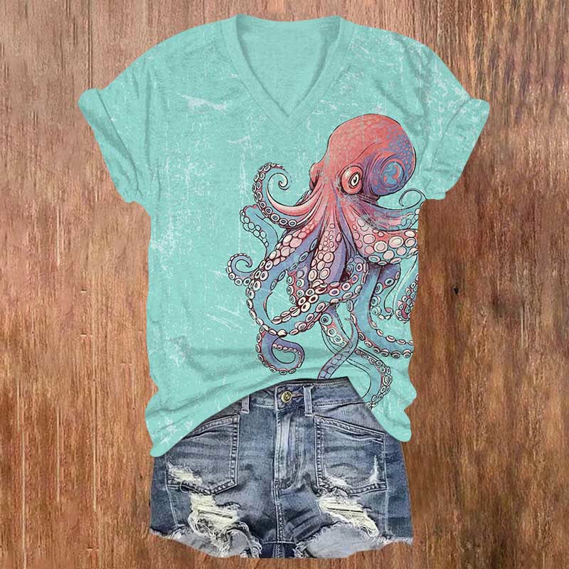 Japanese Funny Dazed Octopus Art Print V-neck T-shirt - Blue - US32-34(5XL) - image 1