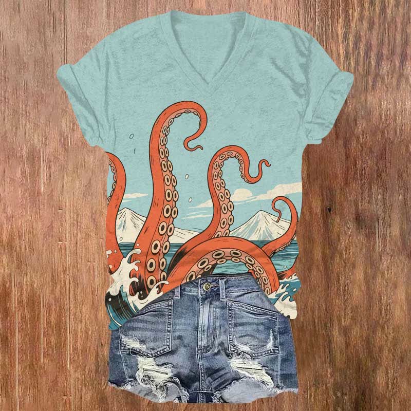Japanese Cartoon Ocean Octopus Tentacles Art Print V-neck T-shirt - Light Blue - US32-34(5XL) - image 2