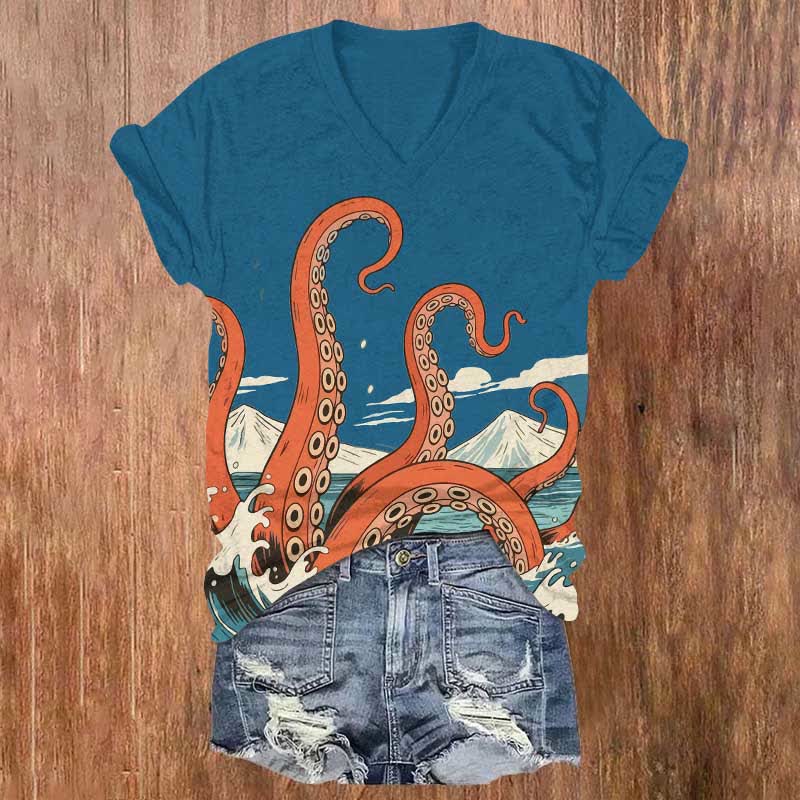Japanese Cartoon Ocean Octopus Tentacles Art Print V-neck T-shirt - Blue - US32-34(5XL) - image 1