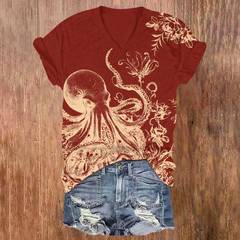 Japanese Watercolor Octopus & Flower Art Print V-neck T-shirt - Red - US32-34(5XL) - image 2