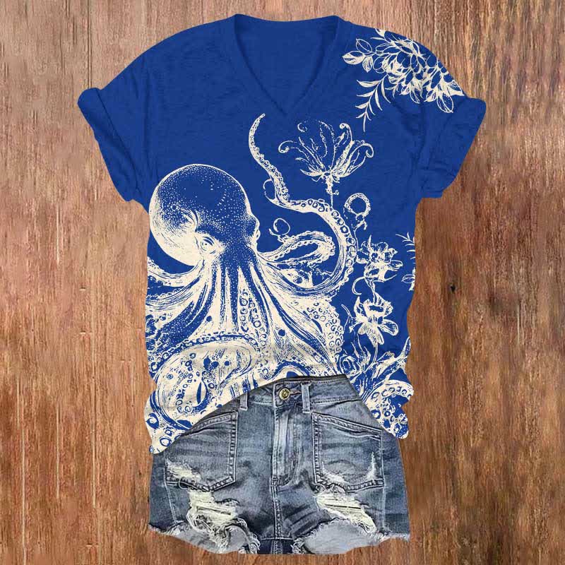 Japanese Watercolor Octopus & Flower Art Print V-neck T-shirt - Blue - US32-34(5XL) - image 1