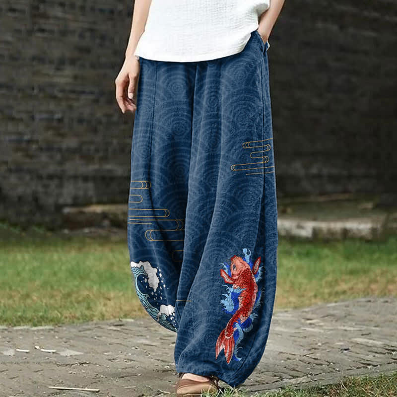 Japanese Koi With Shell & Cloud Patterns Print Casual Pants - Blue - US18(5XL) - image 1