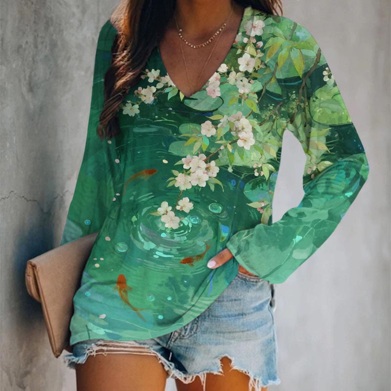 Japanese Sakura Goldfish Circle Lotus Pond Art Print Long Sleeve T-shirt - Green - 5XL - image 1