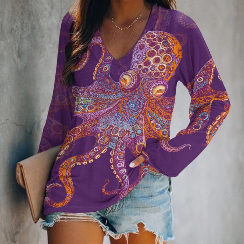 Unique Exquisite Octopus Pattern Art Print Long Sleeve T-shirt - Purple - 5XL - image 2