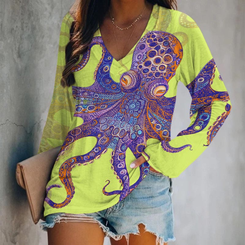 Unique Exquisite Octopus Pattern Art Print Long Sleeve T-shirt - Light Green - 5XL - image 1