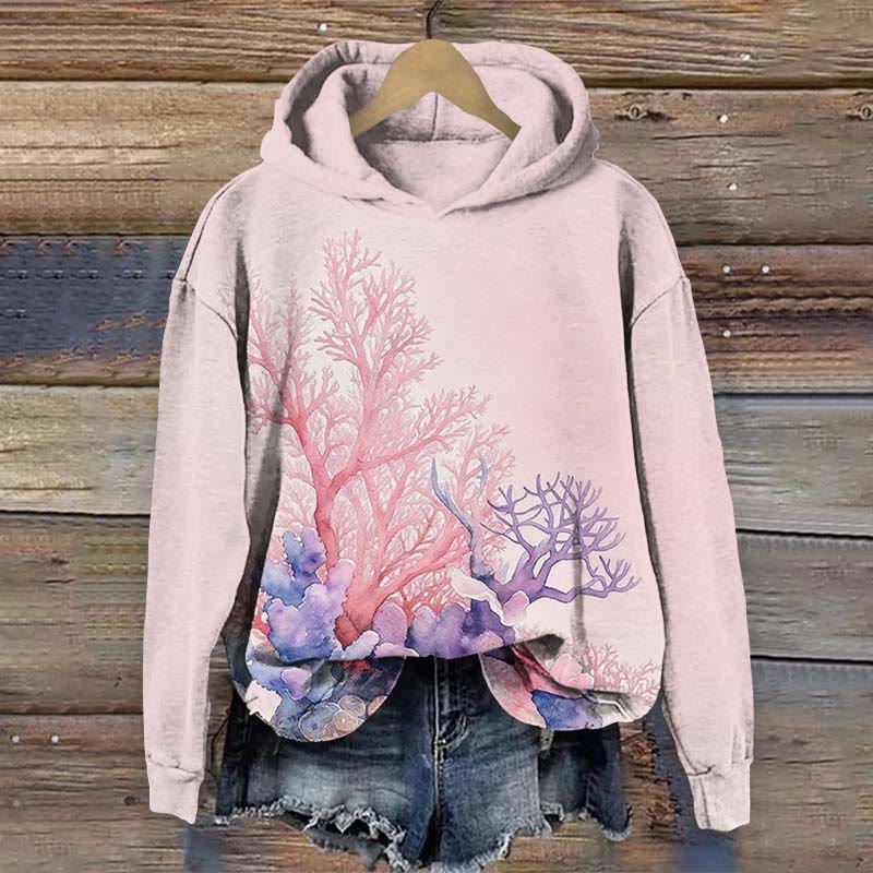 Vintage Ocean Colored Coral Print Long Sleeve Hoodie - Pink - US44-46(8XL) - image 2