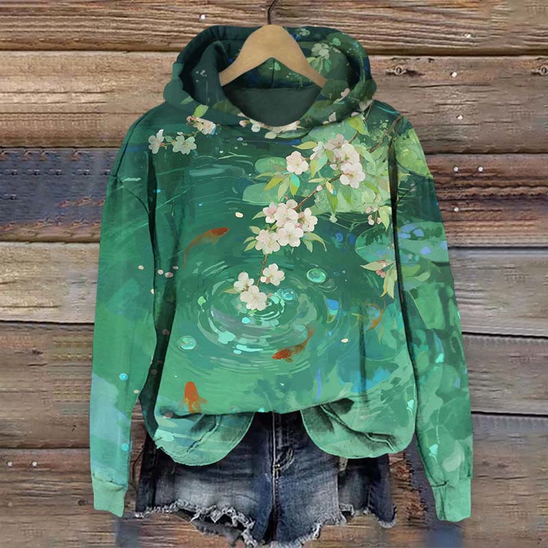 Japanese Sakura Goldfish Circle Lotus Pond Print Long Sleeve Hoodie - Green - US44-46(8XL) - image 1