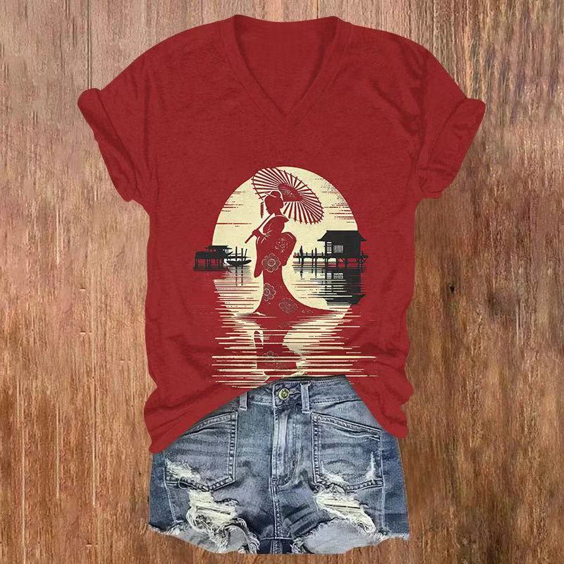 Japanese Figure Print V-neck T-shirt - Red - US32-34(5XL) - image 1