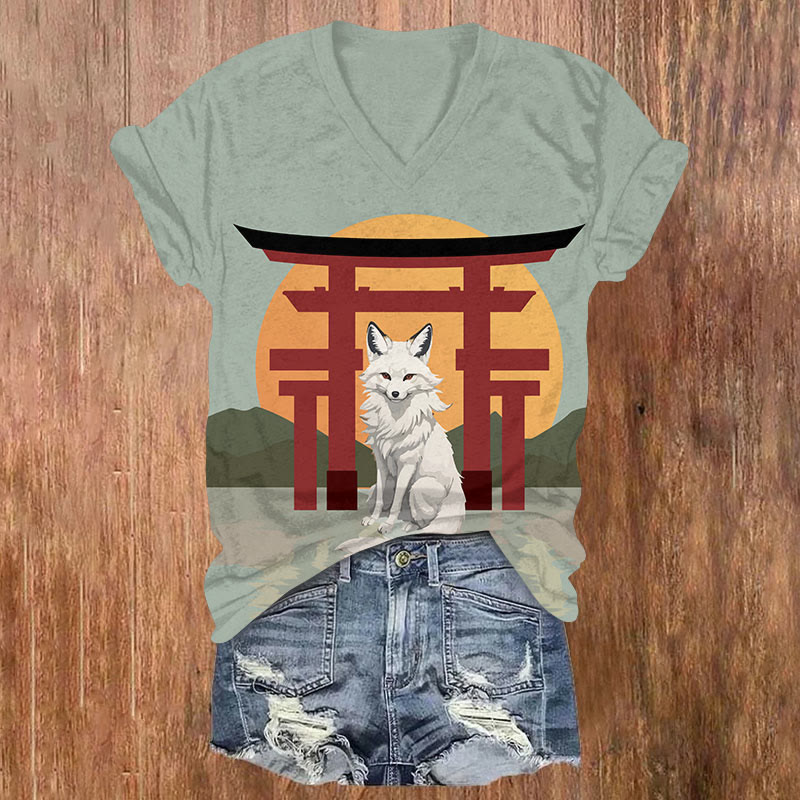 Japanese Style Simple Torii Fox Print V-neck T-shirt - Green - US32-34(5XL) - image 2