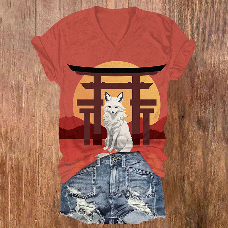 Japanese Style Simple Torii Fox Print V-neck T-shirt - Red - US32-34(5XL) - image 1