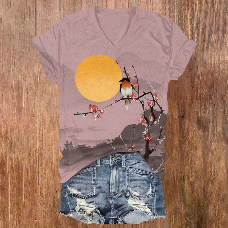 Japanese Landscape, Flowers, Birds And Sun Print V-neck T-shirt - Red - US32-34(5XL) - image 2