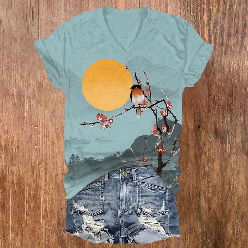 Japanese Landscape, Flowers, Birds And Sun Print V-neck T-shirt - Green - US32-34(5XL) - image 1