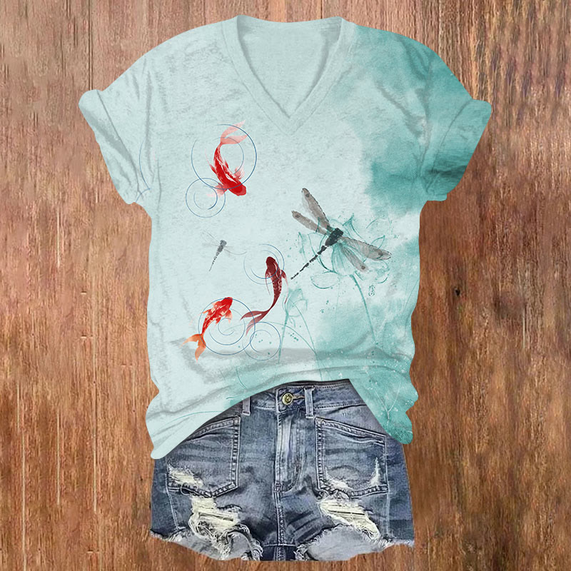 Japanese Ink Painting Lotus Dragonfly Koi Print V-neck T-shirt - Mint - US32-34(5XL) - image 2