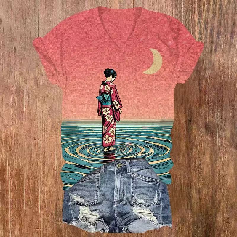 Japanese Figure Print v-neck T-Shirt - Pink - US32-34(5XL) - image 1