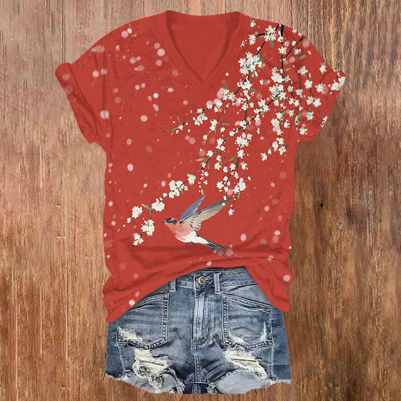 Japanese Snowy Pear Blossom Swallow Print V-neck T-shirt - Red - US32-34(5XL) - image 2