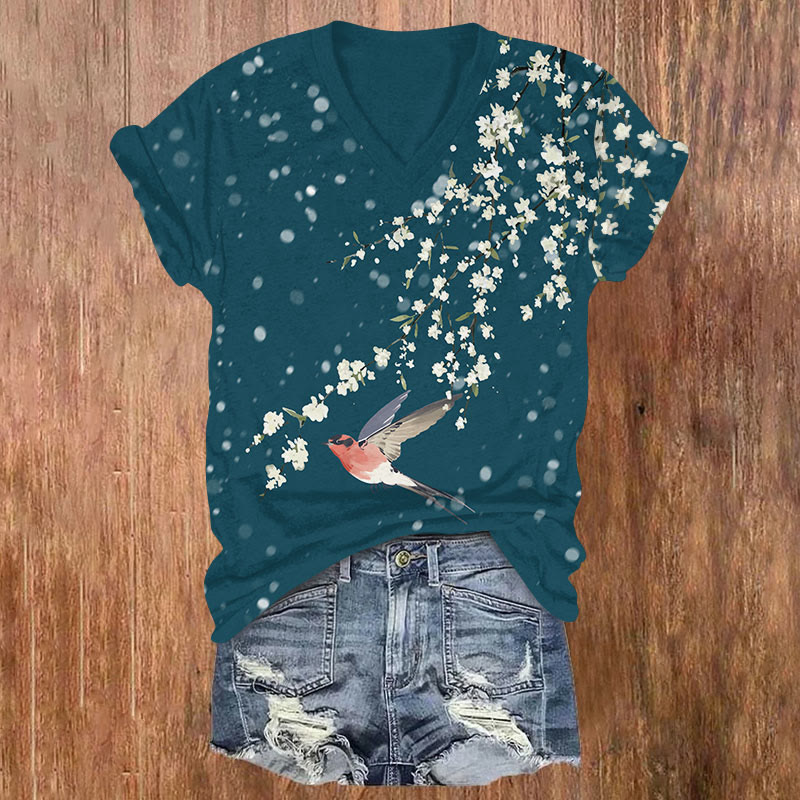 Japanese Snowy Pear Blossom Swallow Print V-neck T-shirt - Green - US32-34(5XL) - image 1
