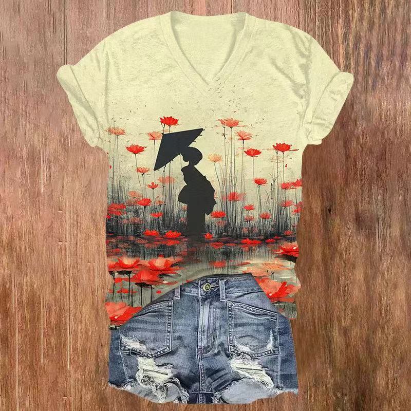 Japanese Figure Print V-neck T-shirt - Apricot - US32-34(5XL) - image 2