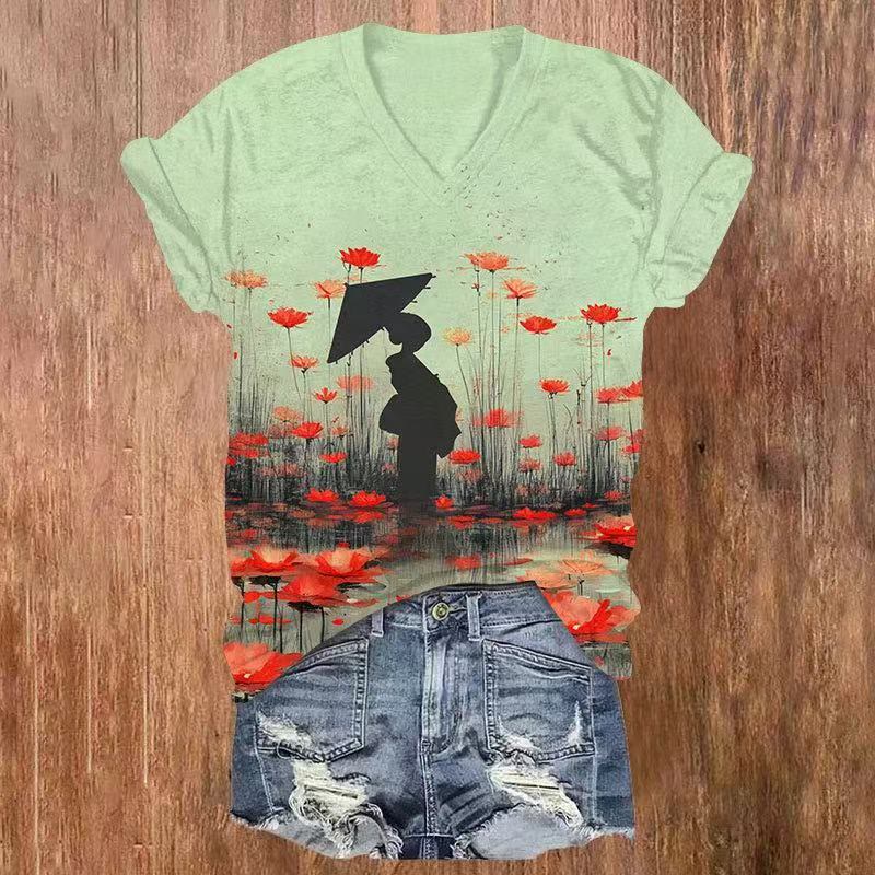 Japanese Figure Print V-neck T-shirt - Light Green - US32-34(5XL) - image 1